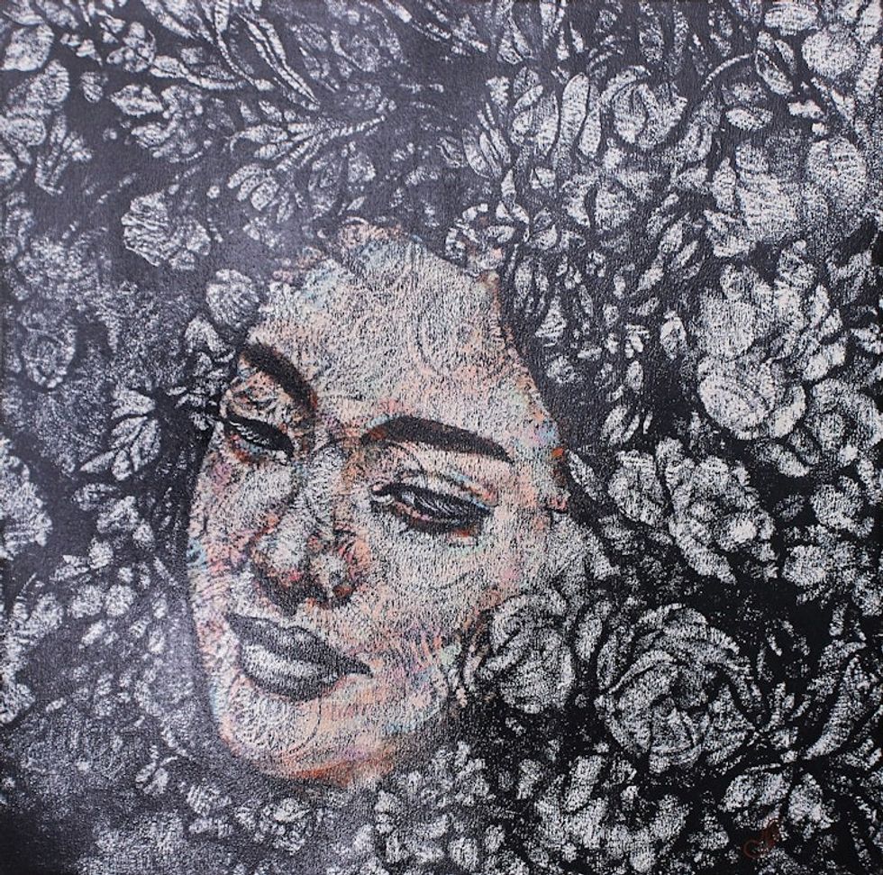 Stretched Acrylic Painting of Woman with Floral Background 'Embrace of Loneliness II'