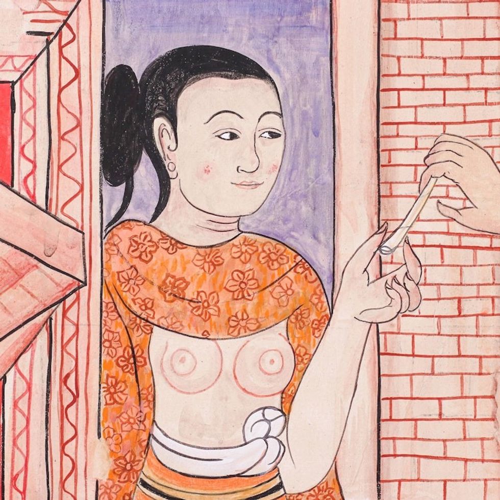 Romantic Painting of a Couple in Ancient Thai Temple Style 'Flirting'