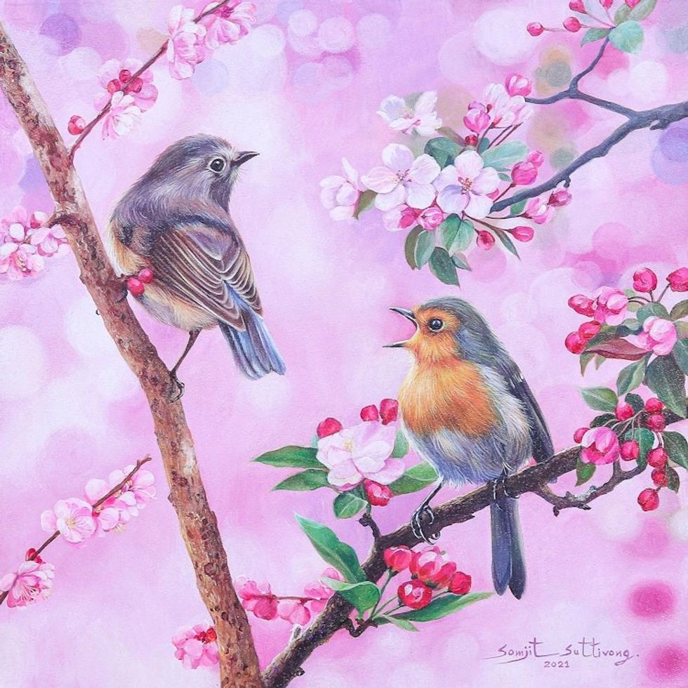 Acrylic on Canvas Realist Bird and Flower Painting 'Sweet Bird'