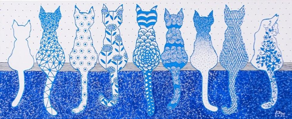 Whimsical Cat-Themed Acrylic Painting in Blue and White Hues 'White-Blue Cat'