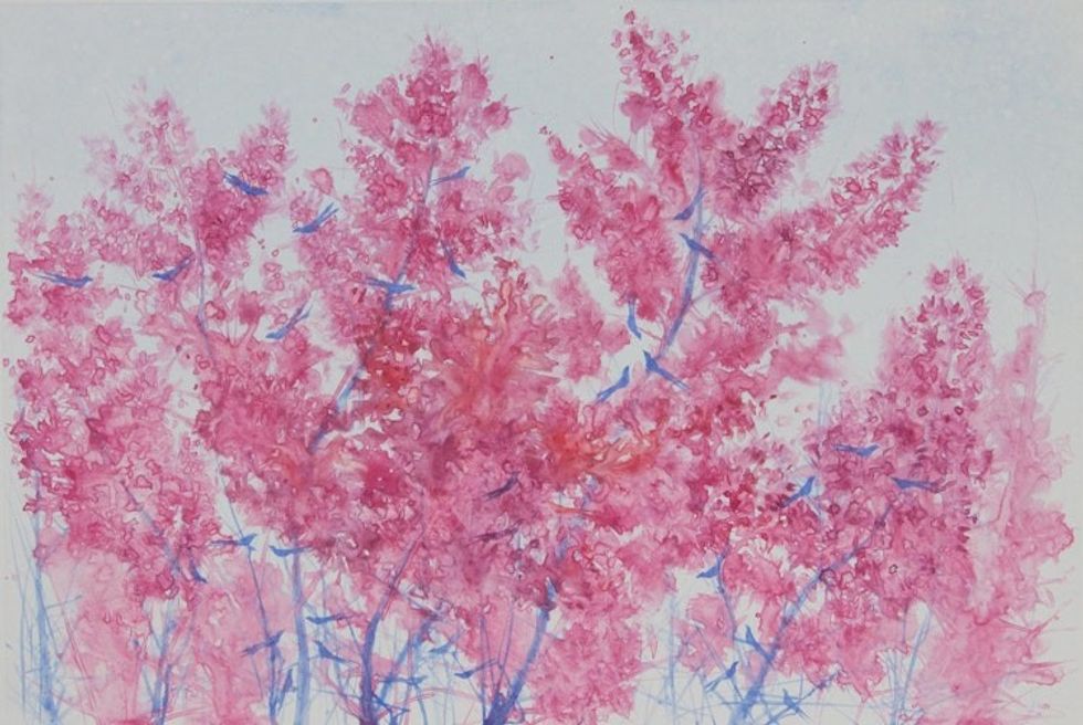 Birds on Cherry Blossoms Watercolor Monoprint from Thailand 'My Home IV'