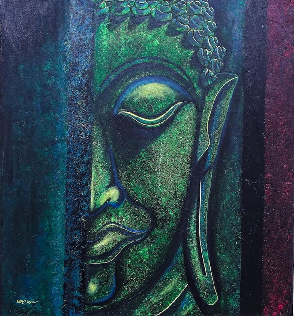 Expressionist Buddha Painting in Green from Thailand 'Serene Buddha'