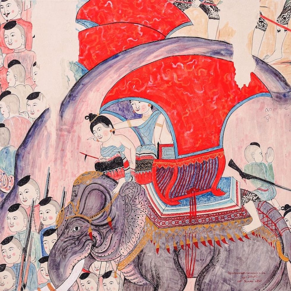 Elephant Parade Ancient Temple Style Thai Painting 'The Parade'