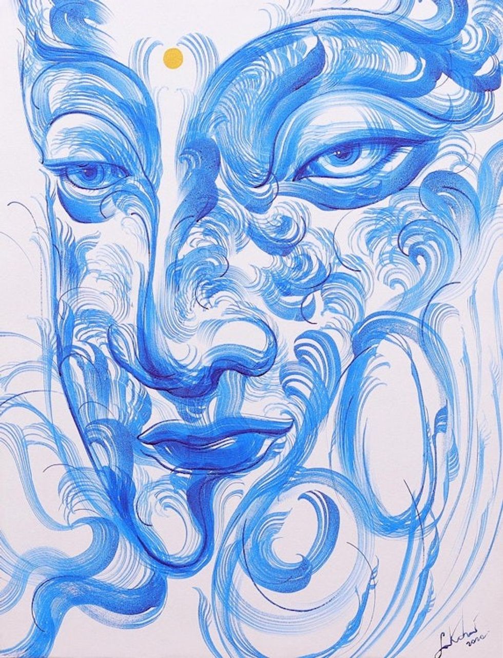 Original Thai Painting of Buddha in Blue on White 'Relaxing Breath'