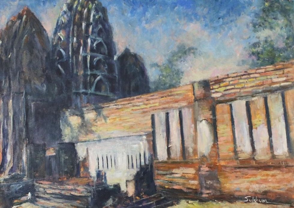 Signed Impressionist Painting of a Temple from Thailand 'Wat Si Sawai II'