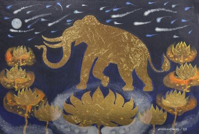 Alternate image for Golden Elephant and Lotuses Mixed Media Signed Painting Faith of Lanna II