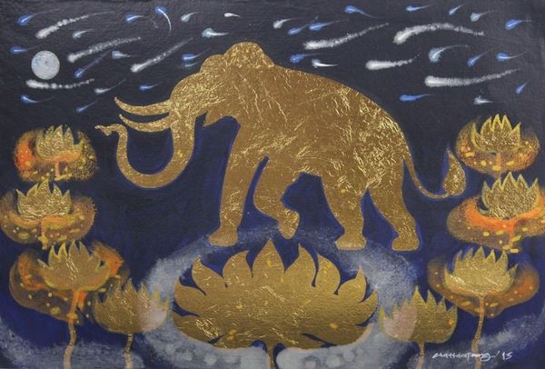 Image for Golden Elephant and Lotuses Mixed Media Signed Painting Faith of Lanna II