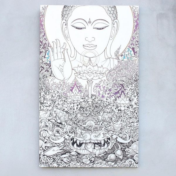 Alternate image for Original Ink And Acrylic On Canvas Painting of Buddha Four Types of Lotus