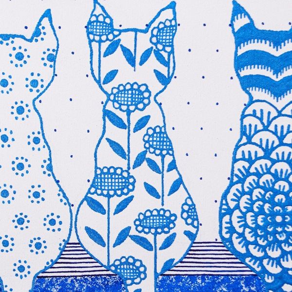 Alternate image for Whimsical Cat-Themed Acrylic Painting in Blue and White Hues White-Blue Cat