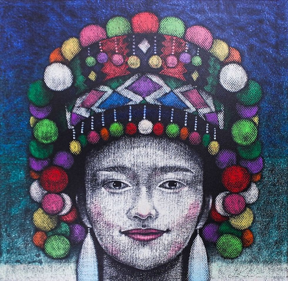 Acrylic Portrait of Woman with Traditional Hmong Headdress 'Ethnic Woman'