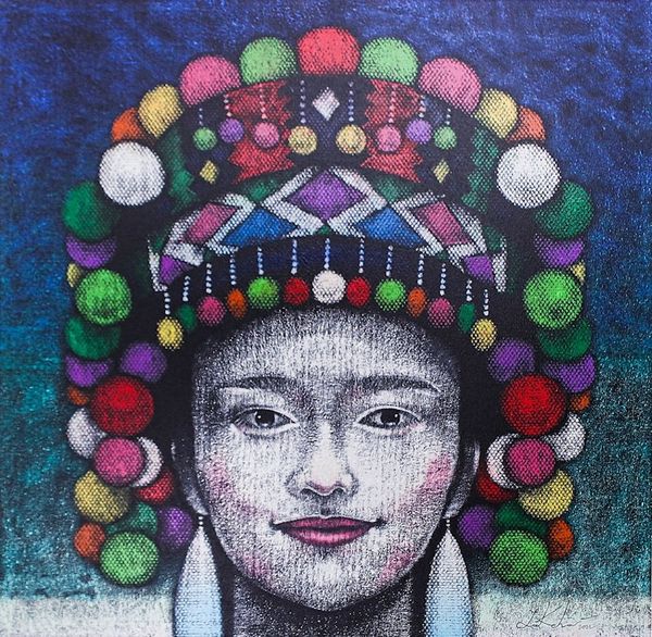 Alternate image for Acrylic Portrait of Woman with Traditional Hmong Headdress Ethnic Woman