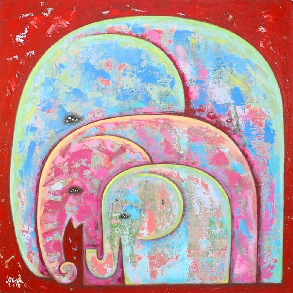 Signed Naif Painting of an Elephant Family from Thailand 'Together'