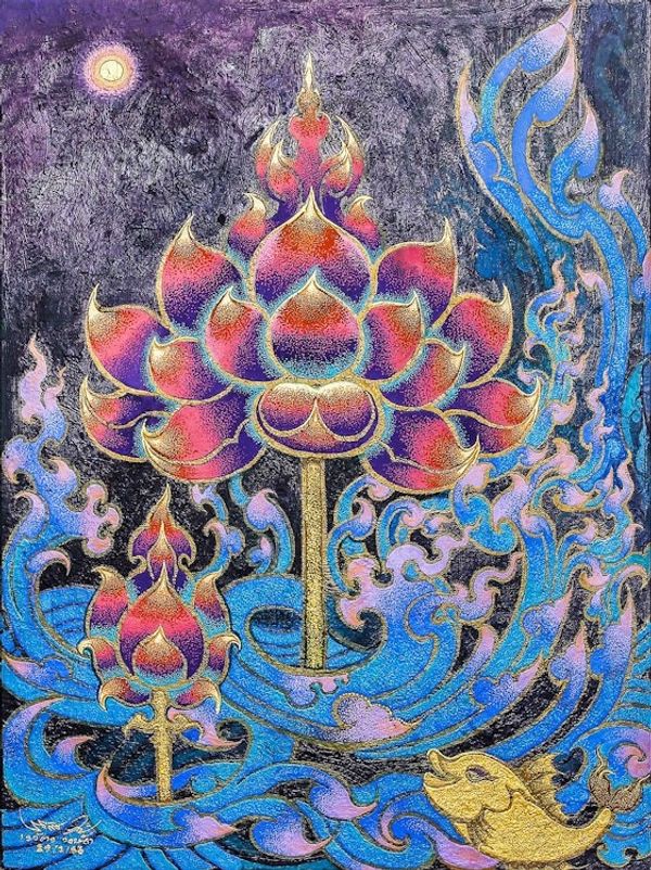 Alternate image for Expressionist Acrylic Painting of  Buddhist Lotus Blossom Enlightenment
