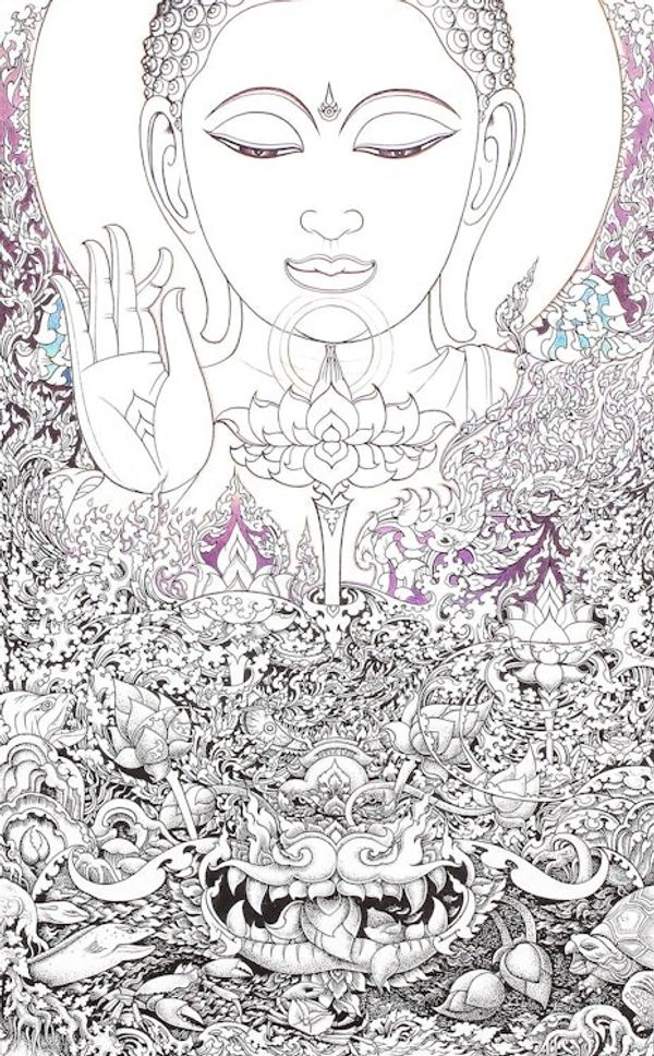 Alternate image for Original Ink And Acrylic On Canvas Painting of Buddha Four Types of Lotus
