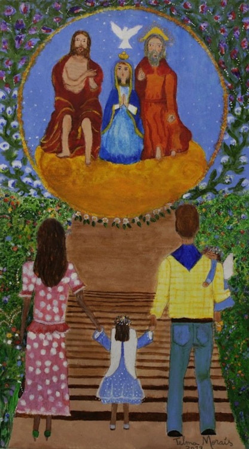 Original Naif Painting of a Family Adoring the Holy Trinity 'The Devotees'