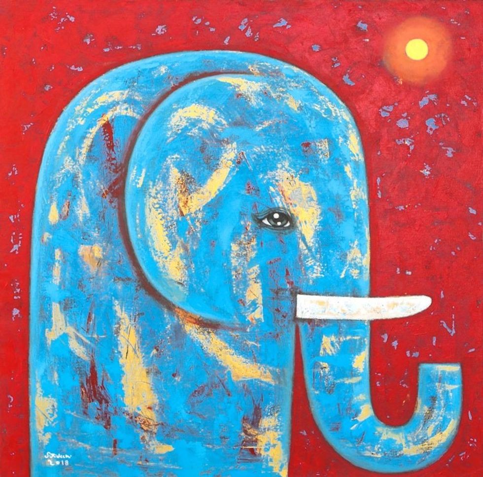 Signed Naif Painting of a Blue Elephant from Thailand 'Red Full Moon'