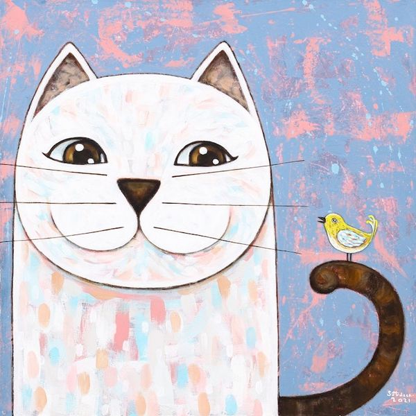Alternate image for Acrylic on Canvas Cat and Bird Naif Painting from Thailand Happy Friends