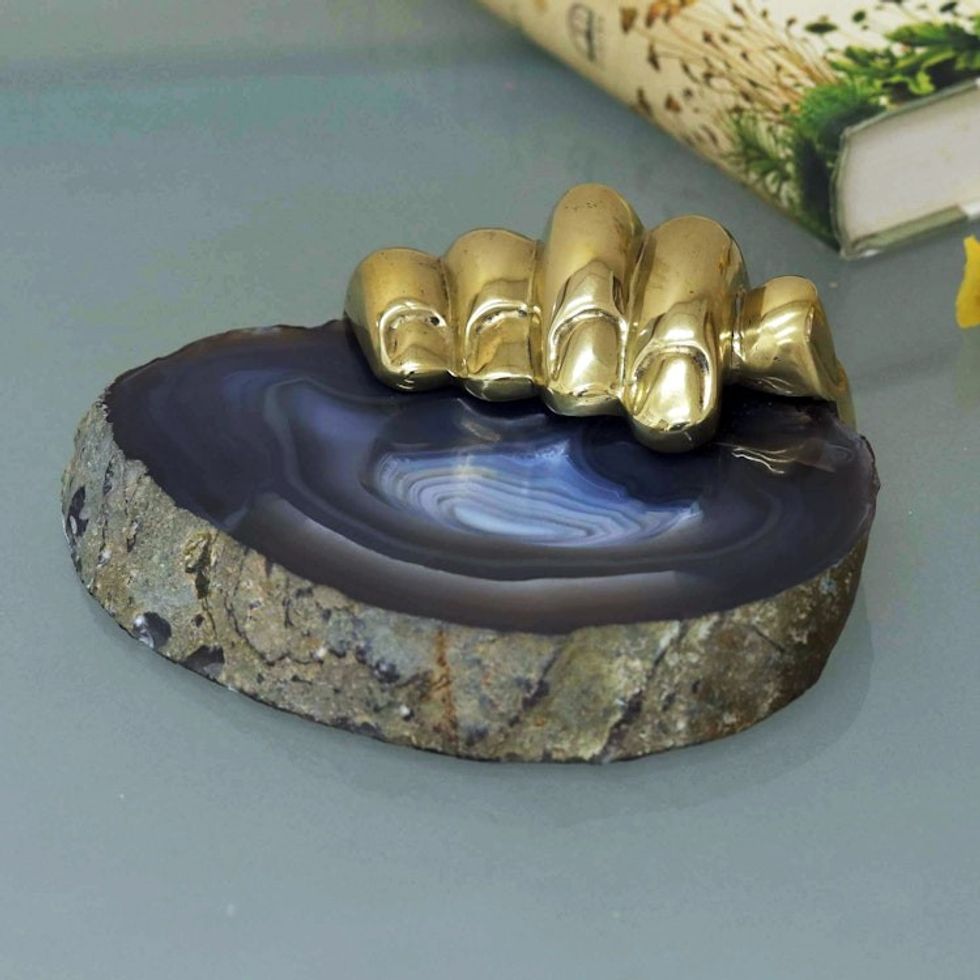 Signed Bronze and Grey Agate Sculpture 'Golden Right Hand III'