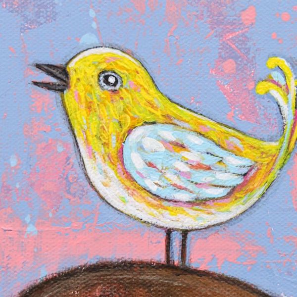 Alternate image for Acrylic on Canvas Cat and Bird Naif Painting from Thailand Happy Friends