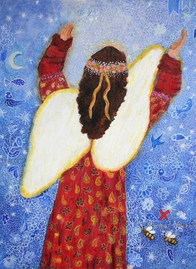 Alternate image for Brazilian Signed Original Naif Painting of an Angel in Red The Force of the Universe