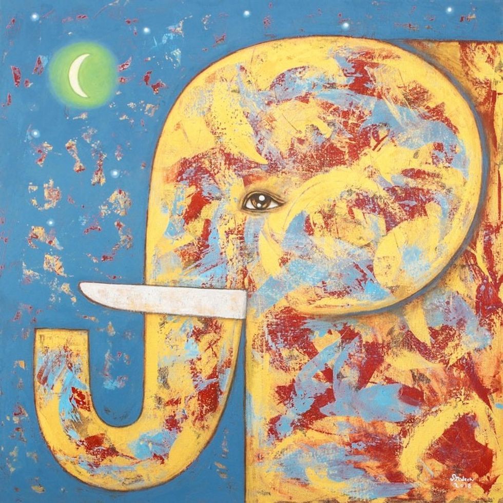 Signed Naif Painting of a Yellow Elephant from Thailand 'Elephant and the Crescent Moon'