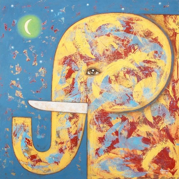 Alternate image for Signed Naif Painting of a Yellow Elephant from Thailand Elephant and the Crescent Moon