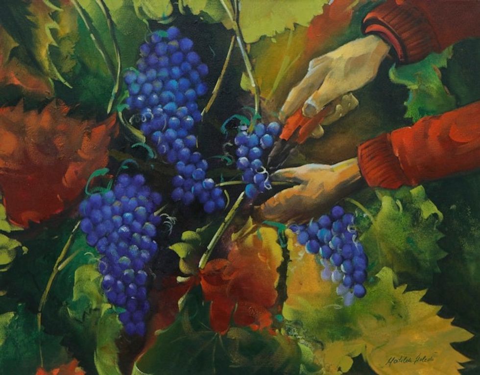 Acrylic Painting of Hands Harvesting Wine Grapes from Brazil 'Harvest'