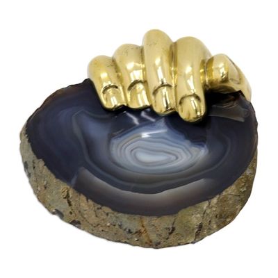 Alternate image for Signed Bronze and Grey Agate Sculpture Golden Right Hand III