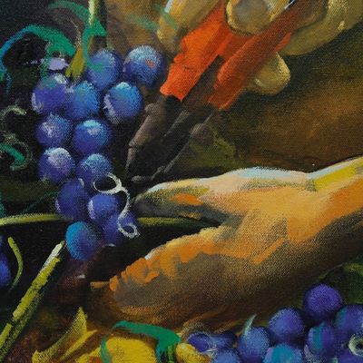 Alternate image for Acrylic Painting of Hands Harvesting Wine Grapes from Brazil Harvest