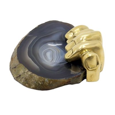 Alternate image for Signed Bronze and Grey Agate Sculpture Golden Right Hand III