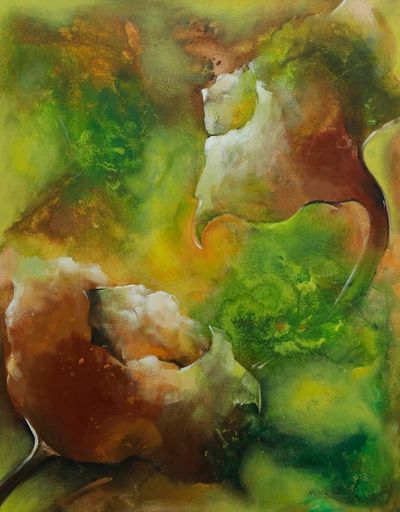 Alternate image for Modern Abstract Acrylic Painting in Green Brown and Yellow Autumn Dreams