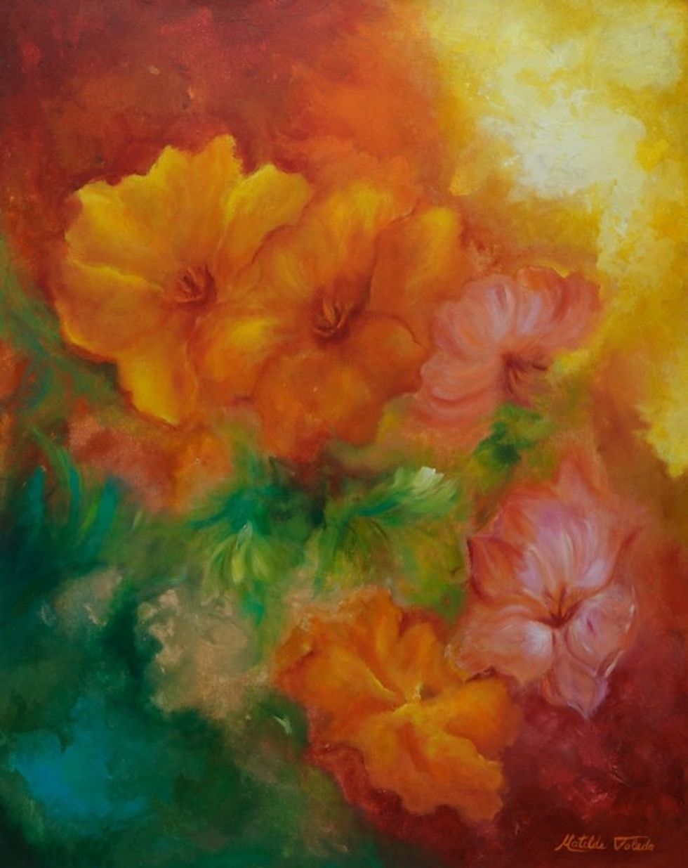 Impressionism Acrylic on Canvas Painting of Colorful Flowers 'Spring Dreams'