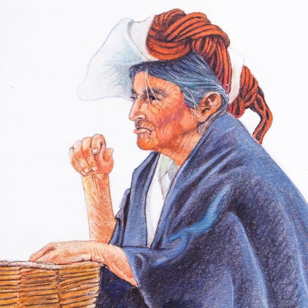 Alternate image for Signed and Mounted Portrait of a Oaxacan Woman from Mexico Shawl Vendor