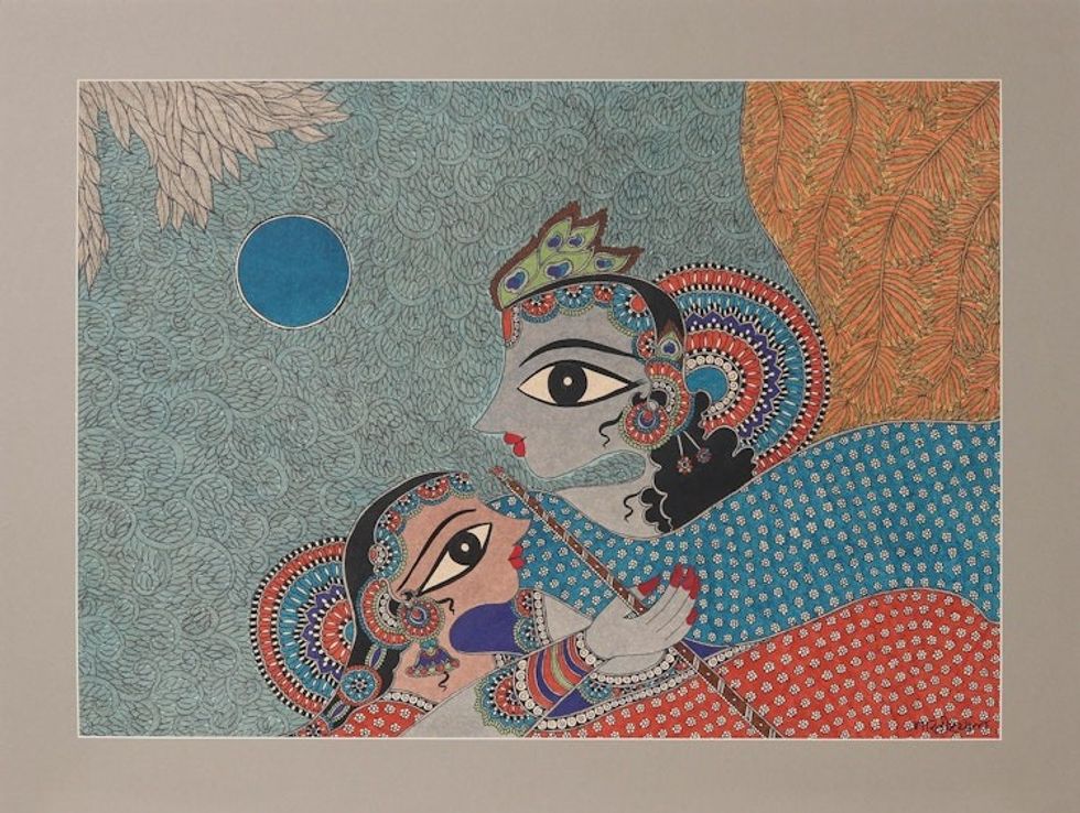 God and Goddess of Love Madhubani Style Painting from India 'Soulmate - Radha Krishna'