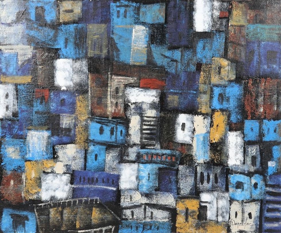 Signed Expressionist Blue-Toned Acrylic Cityscape Painting 'Jodhpur'