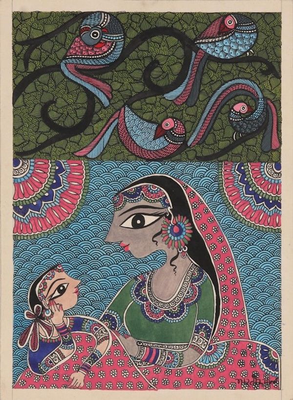 Alternate image for Mother and Child Madhubani Painting on Handmade Paper Unconditional Love