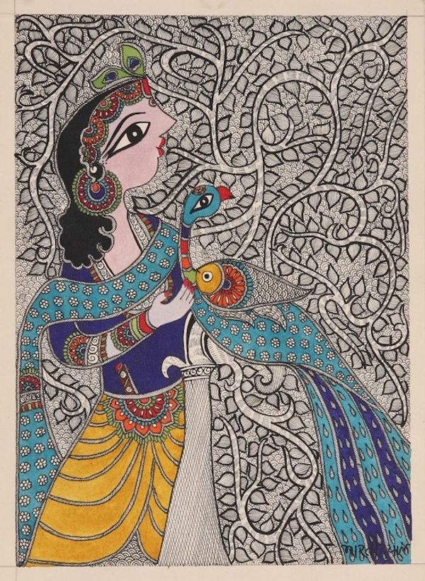 Alternate image for Krishna-Themed Madhubani Painting on Handmade Paper Benevolent Krishna