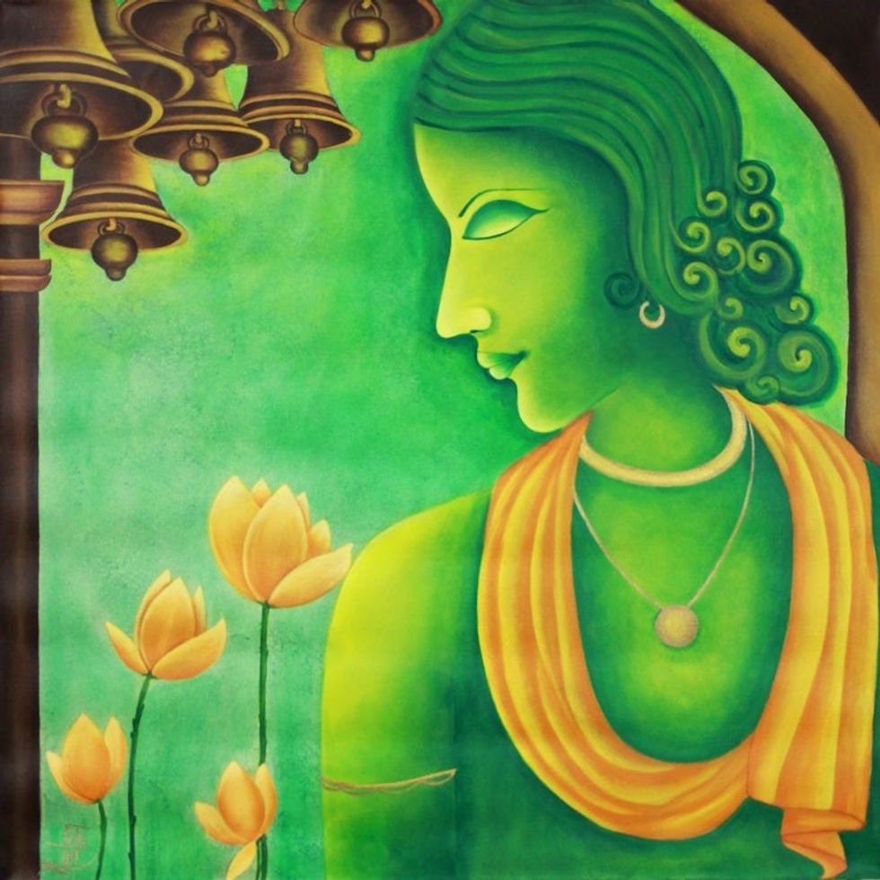 Signed Expressionist Hindu Art Painting in Green 'Krishna Vasudeva'