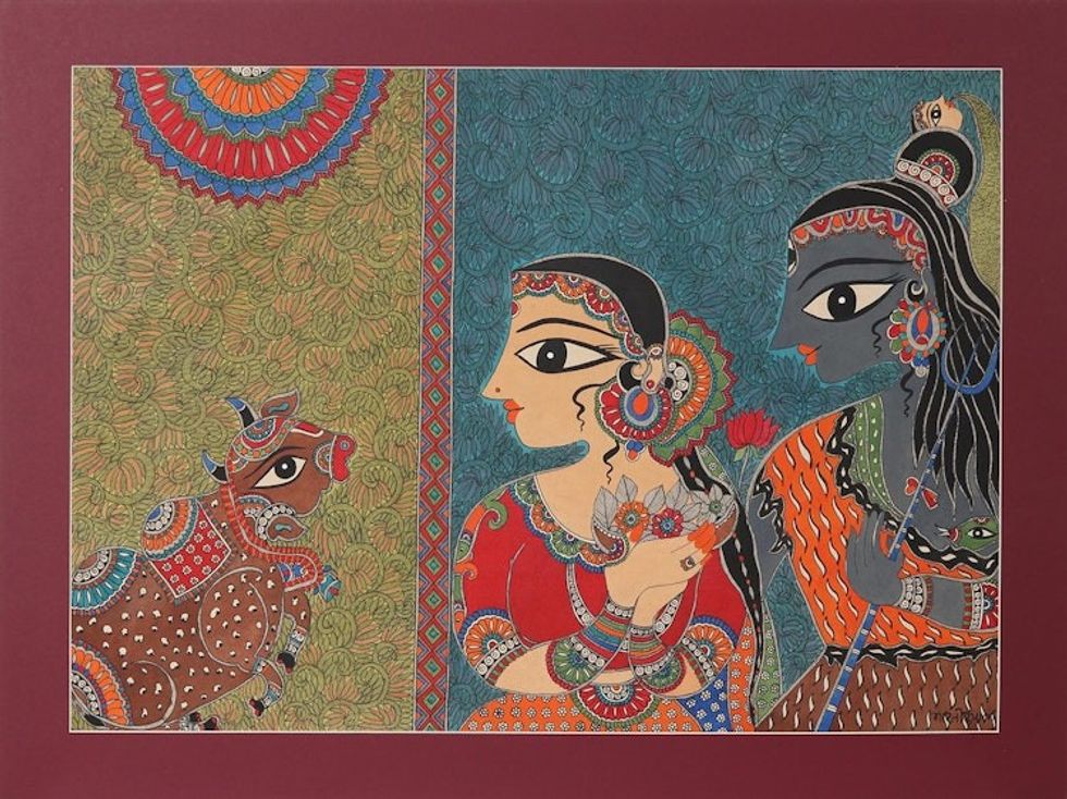 Shiva  Shakti Madhubani Painting on Paper from India 'Shivashakti'