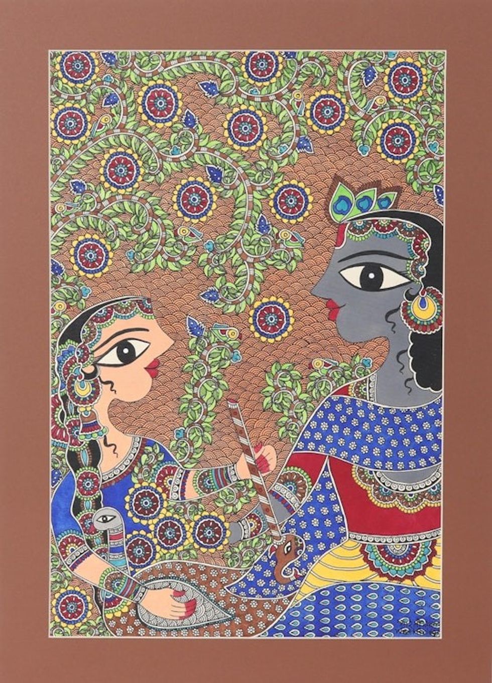 Krishna  Radha Madhubani Painting on Paper from India 'Eternal Tale of Love'