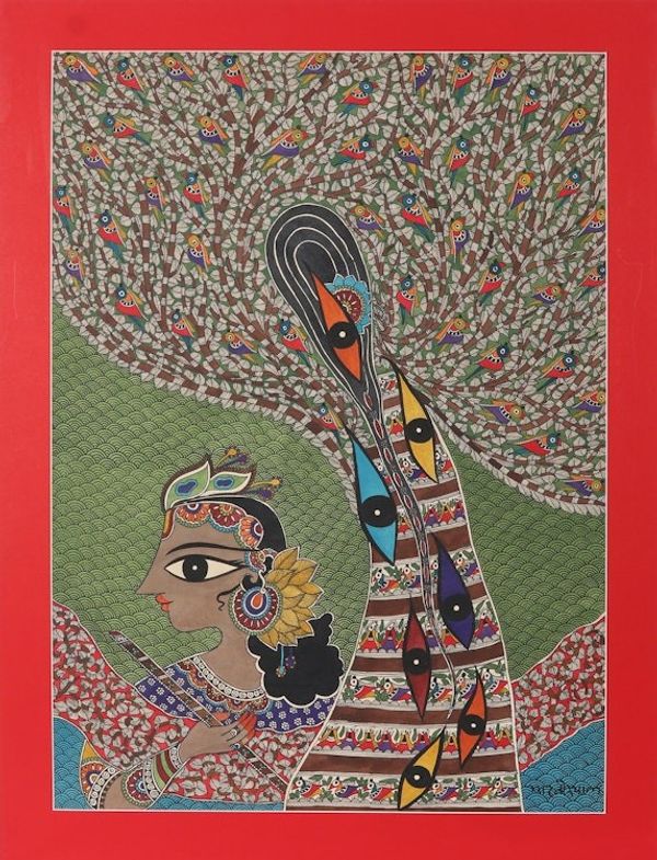 Alternate image for Madhubani Painting of Supreme God of Indian Hinduism Divine Eye of Krishna