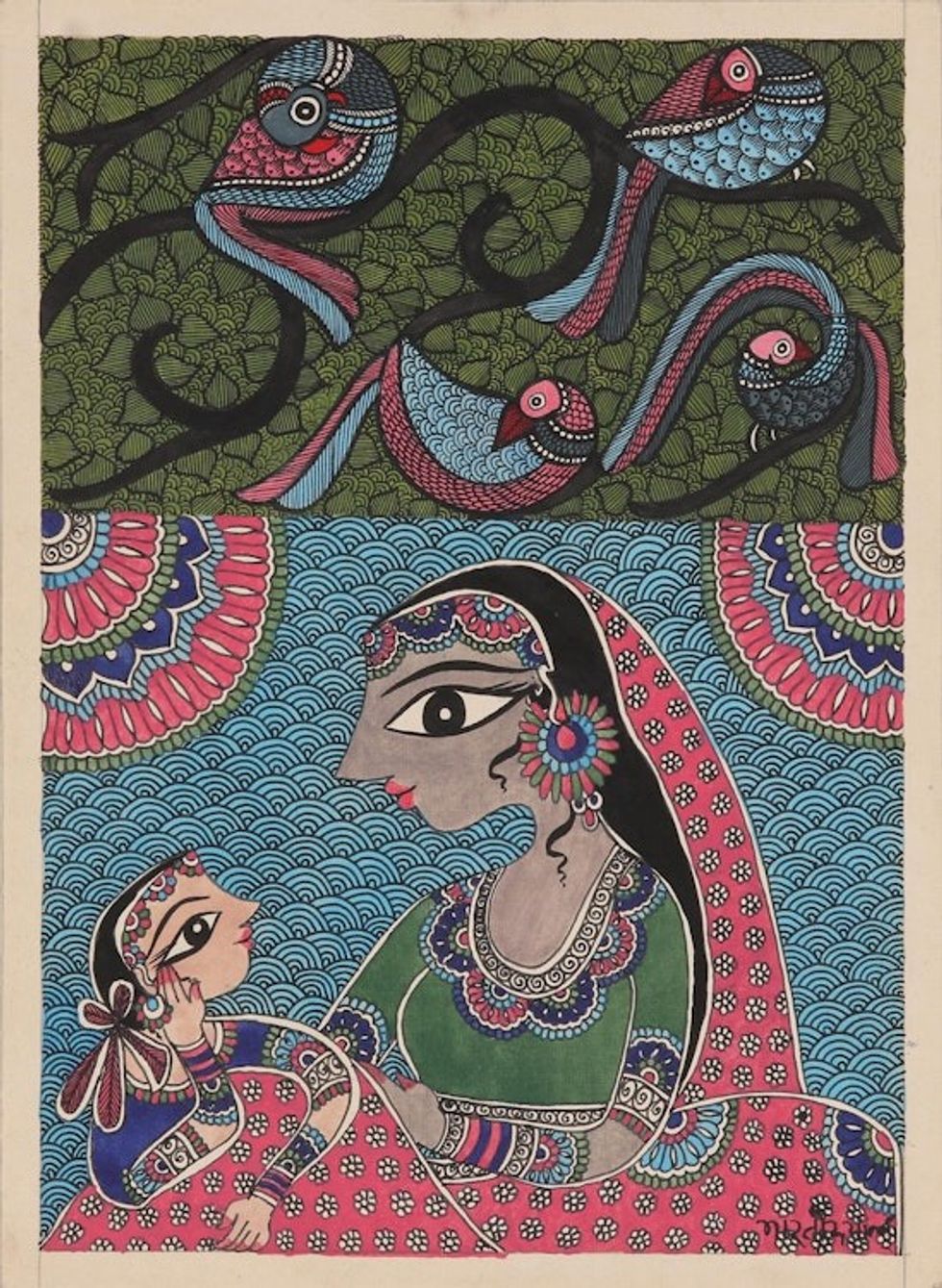 Mother and Child Madhubani Painting on Handmade Paper 'Unconditional Love'