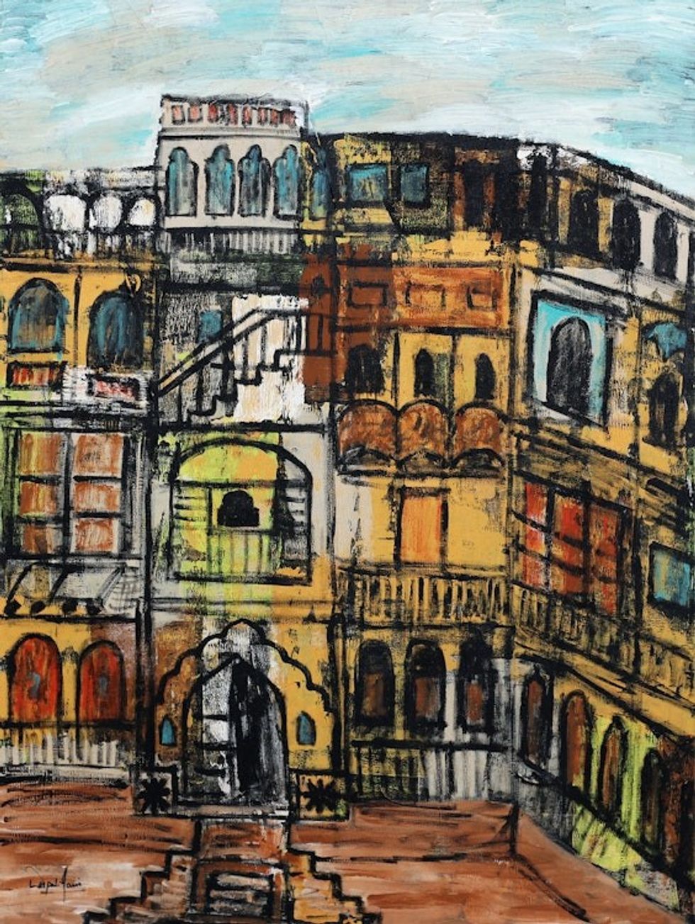 Signed Unstretched Expressionist Acrylic Painting from India 'Dilli Haveli II'