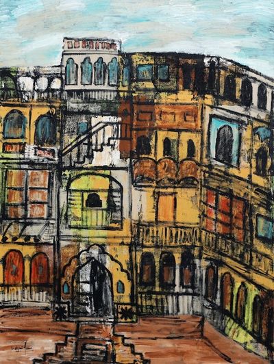 Alternate image for Signed Unstretched Expressionist Acrylic Painting from India Dilli Haveli II