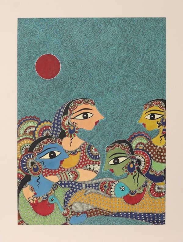 Alternate image for Painting of Hindu Godess Radha in Madhubani Style from India Radha with Gopies