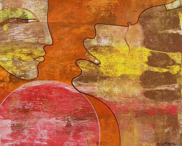 Image for Love Theme Expressionistic India Painting in Hot Colors Affectionate