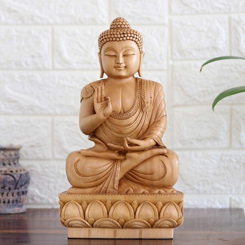 Hand-Carved Kadam Wood Buddha Sculpture from India 'Buddha's Splendor'