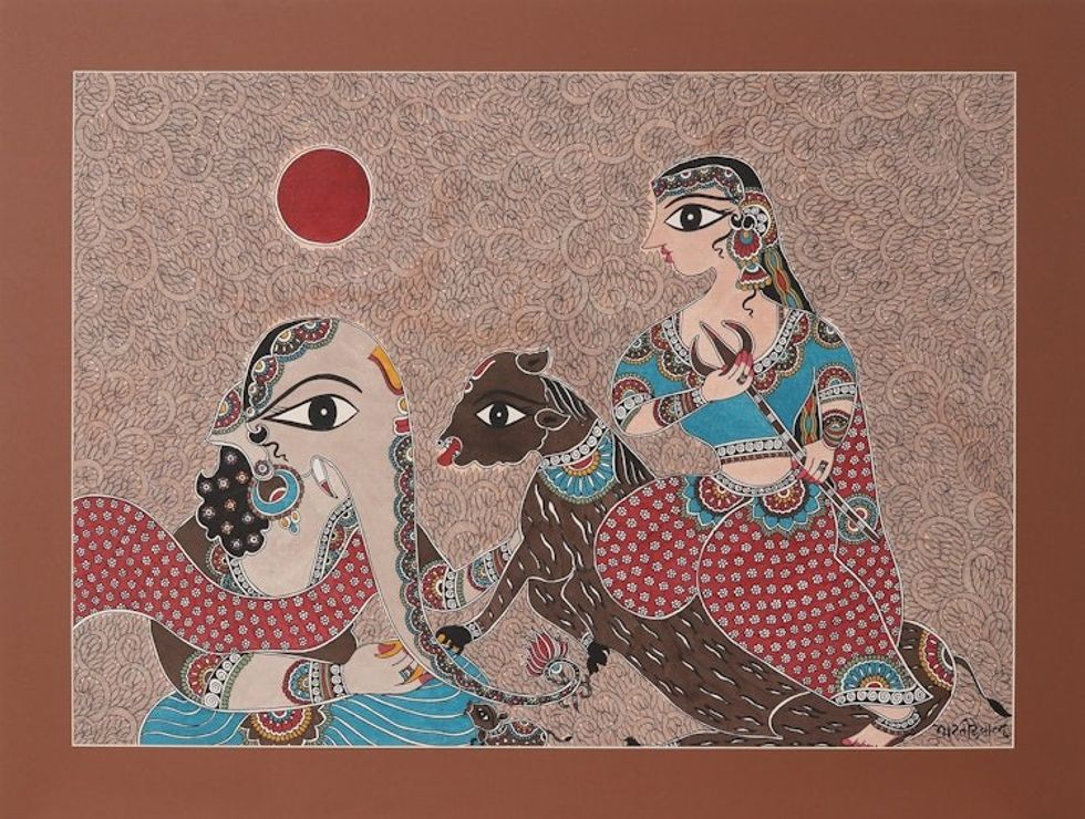 Elephant Deity Madhubani Style Painting from India 'Parvati Ganesha Saga'