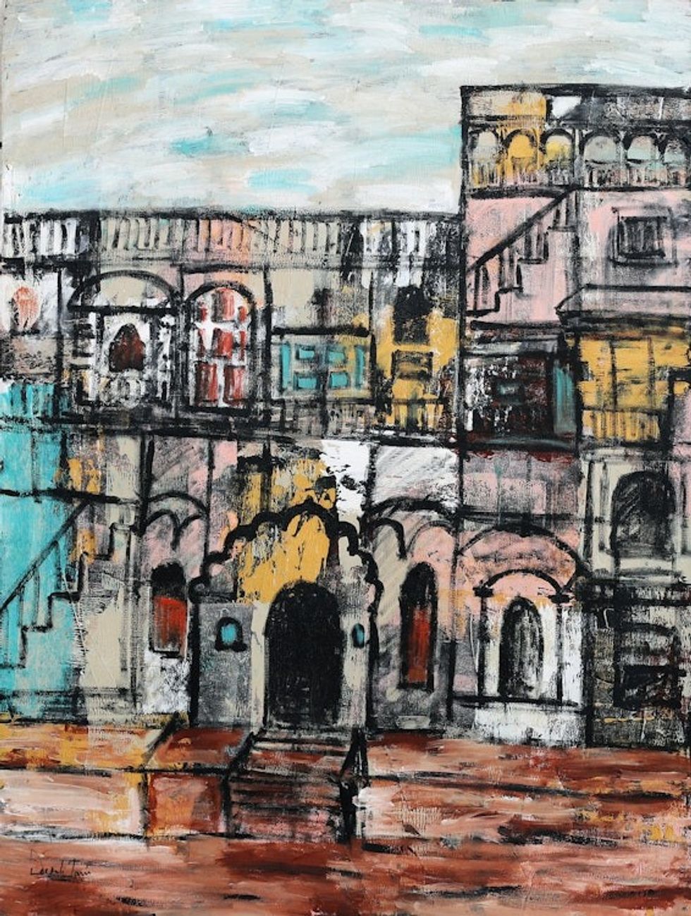 Signed Unstretched Expressionist Acrylic Painting of Dehli 'Dilli Haveli'