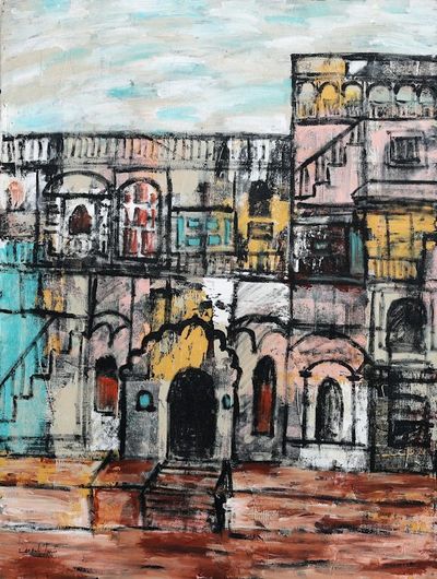 Alternate image for Signed Unstretched Expressionist Acrylic Painting of Dehli Dilli Haveli
